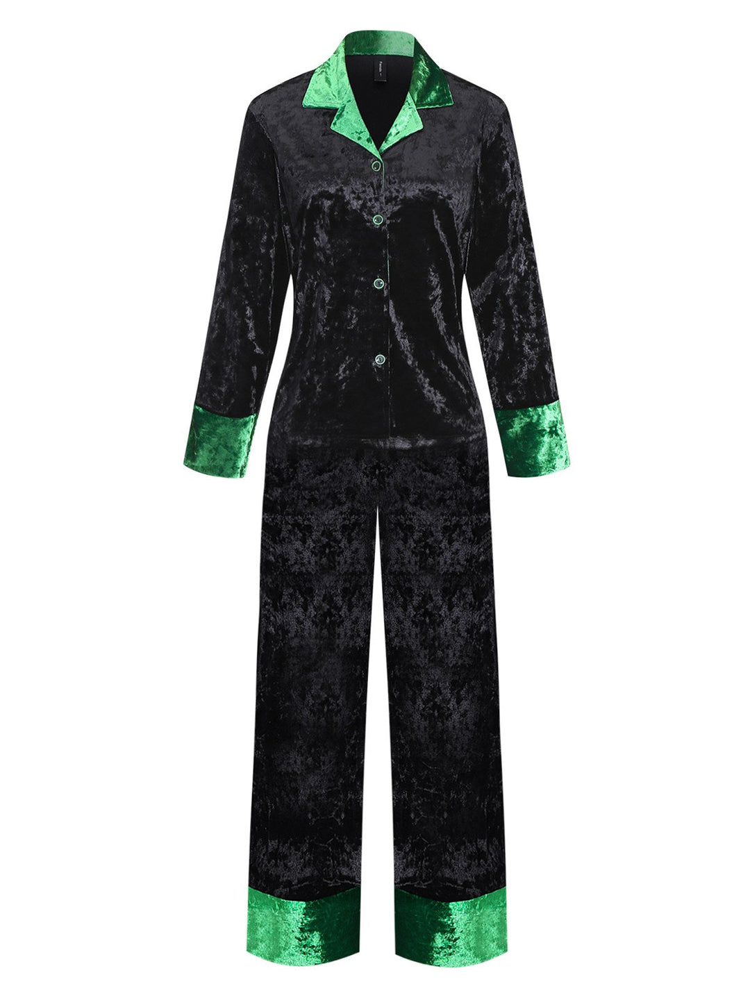 Green &amp; Black Shimmer Velvet Notched Collar Pajama Set - vintage fashion, retro style, classic black
