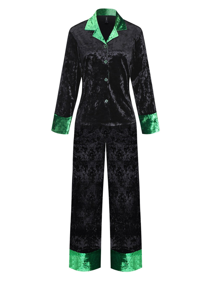 Green &amp; Black Shimmer Velvet Notched Collar Pajama Set - vintage fashion, retro style, classic black
