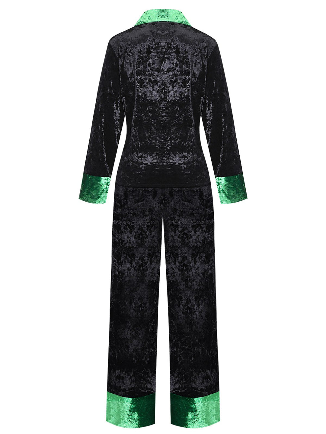 Green &amp; Black Shimmer Velvet Notched Collar Pajama Set - vintage fashion, retro style, classic black