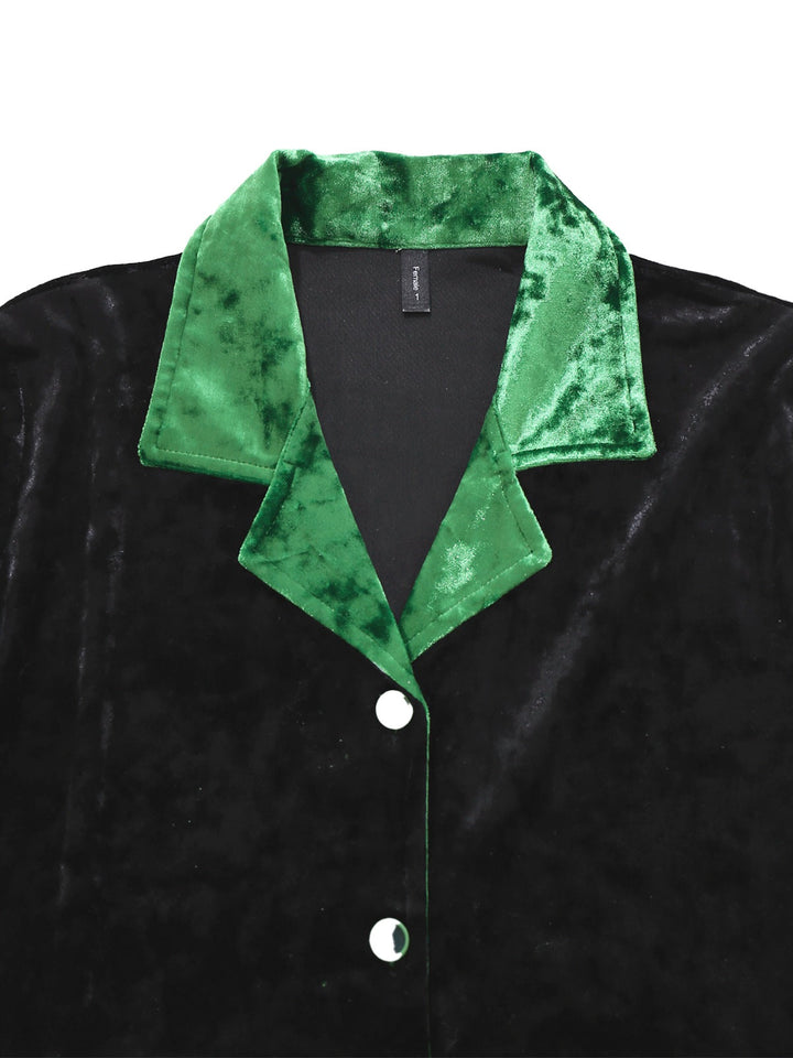 Green &amp; Black Shimmer Velvet Notched Collar Pajama Set - vintage fashion, retro style, classic black