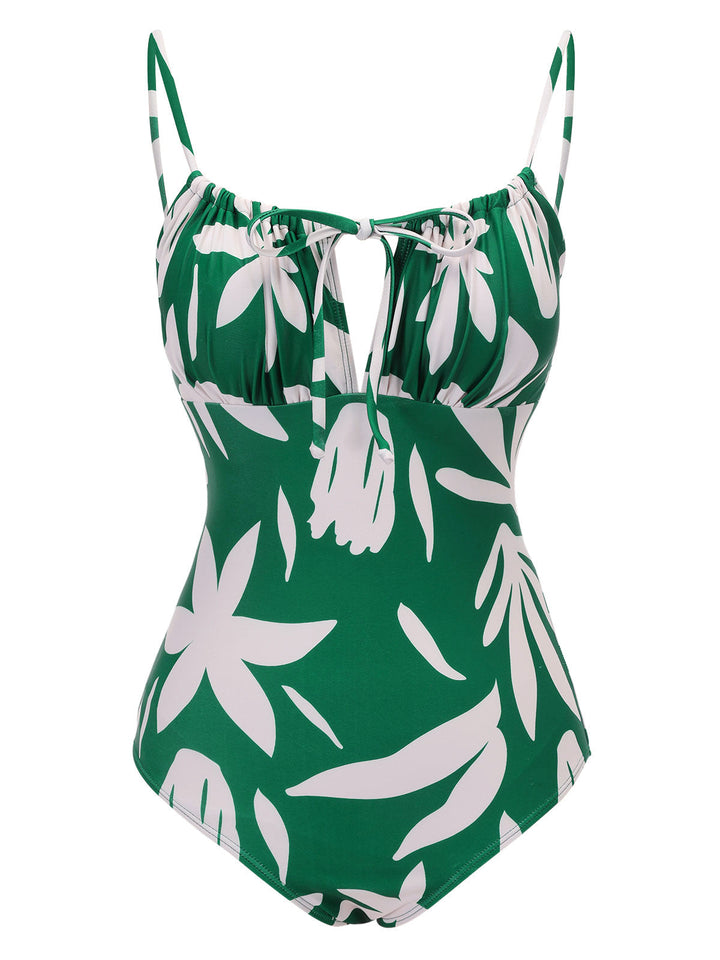 Green Leaf Sleeveless Camisole Strap Swimsuit, vintage swimsuit, swimwear - perfect for women who love vintage and retro fashion