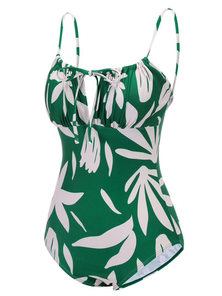 Green Leaf Sleeveless Camisole Strap Swimsuit, vintage swimsuit, swimwear - perfect for women who love vintage and retro fashion