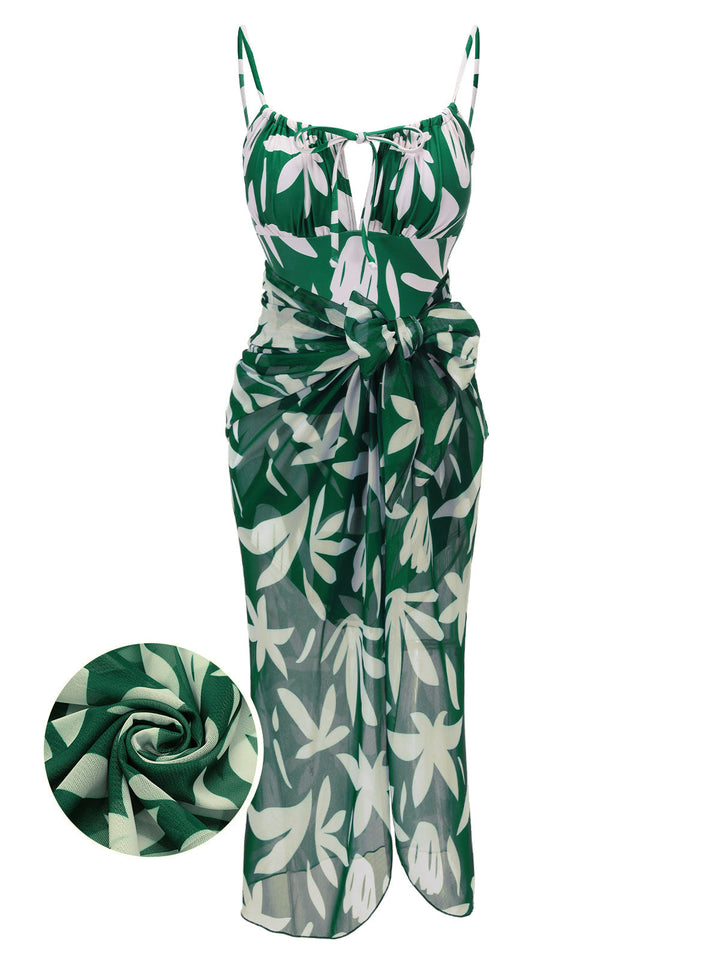 Green Leaf Sleeveless Camisole Strap Swimsuit, vintage swimsuit, swimwear - perfect for women who love vintage and retro fashion