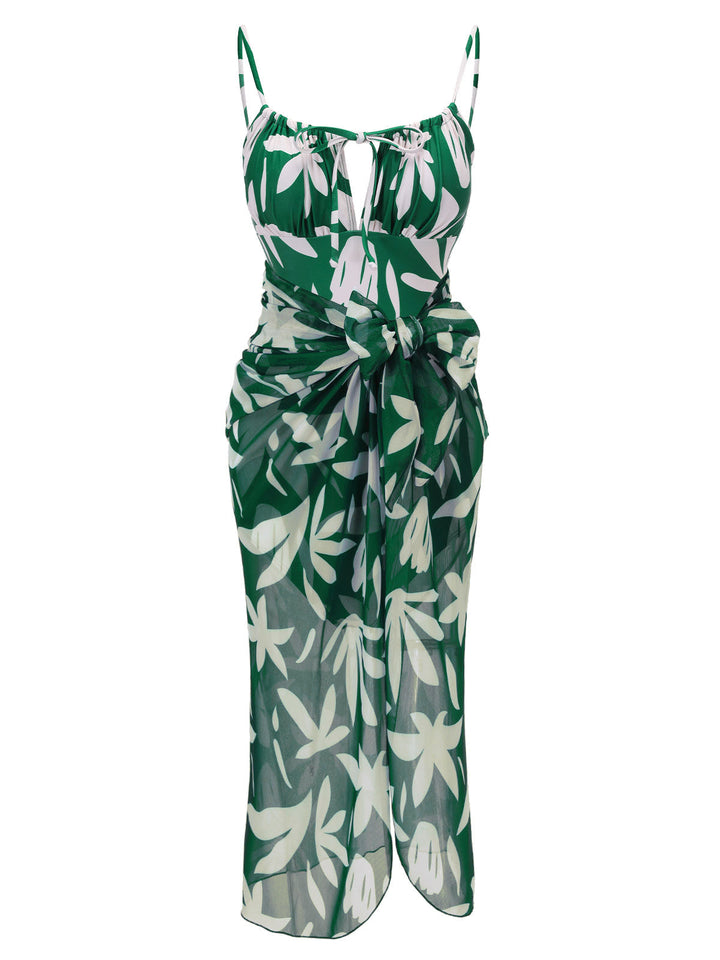 Green Leaf Sleeveless Camisole Strap Swimsuit, vintage swimsuit, swimwear - perfect for women who love vintage and retro fashion