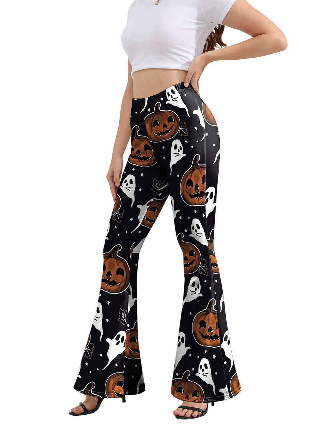 1960s Halloween Pumpkin Ghost Flare Pants — 1960s confidence tailored for her stride