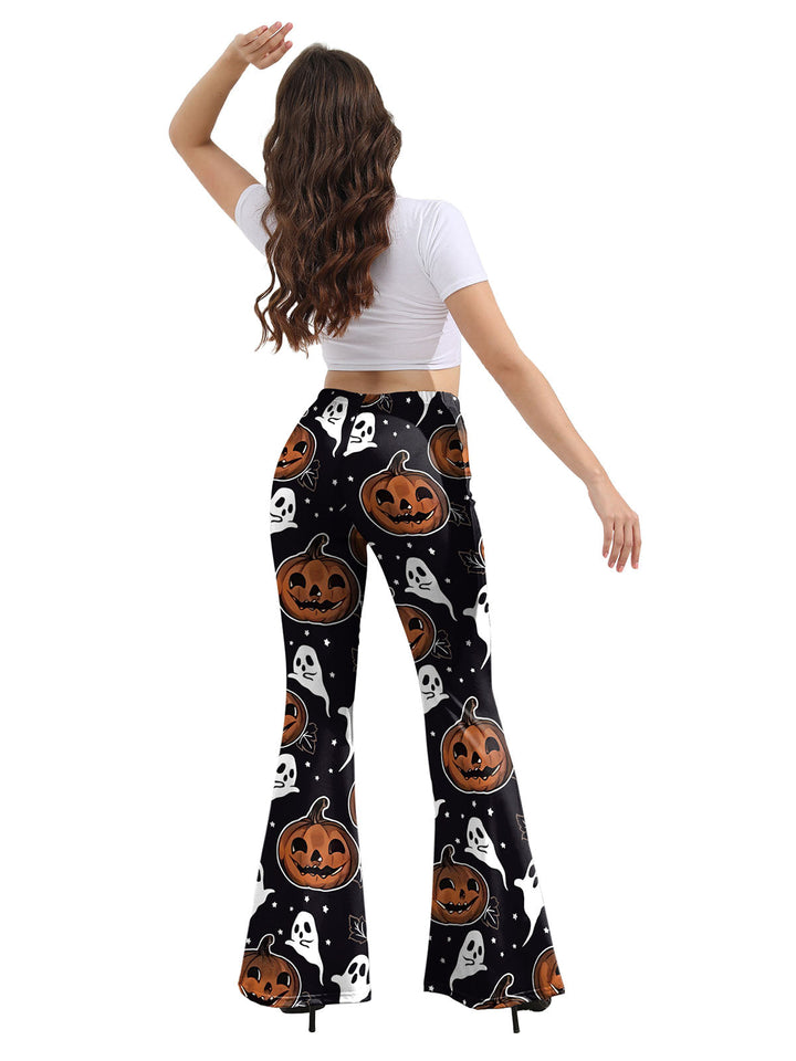 She walks in these 1960s Halloween Pumpkin Ghost Flare Pants and the world follows