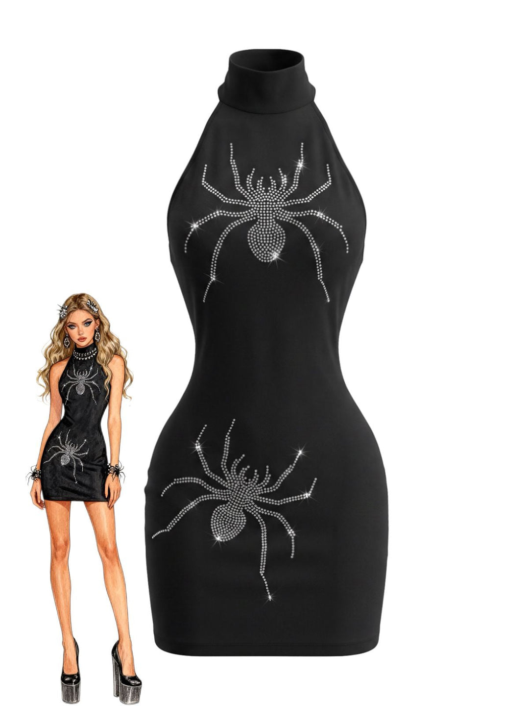 1960s Halloween Rhinestone Spider Halter Bodycon Dress, vintage dress, retro fashion - perfect for women who love vintage and retro fashion