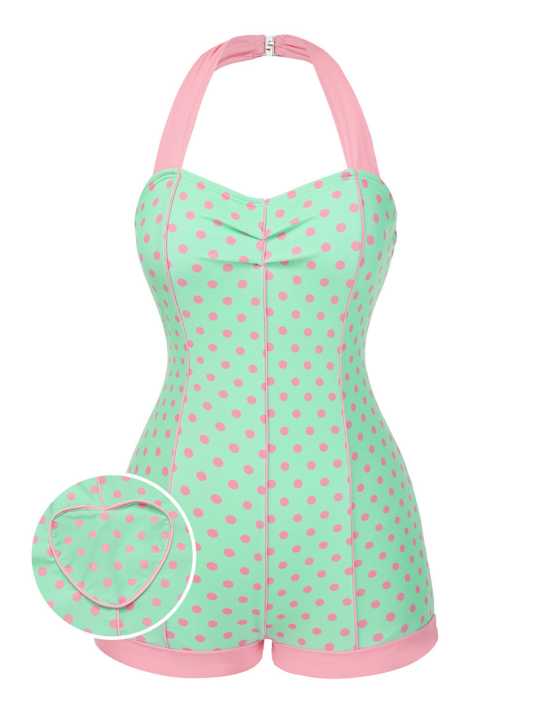 1960s Halter Contrast Polka Dots Heart Swimsuit - vintage swimsuit, pin-up style