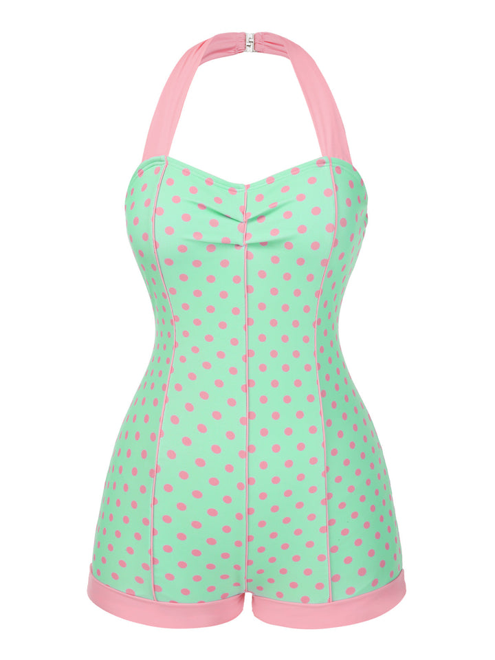 1960s Halter Contrast Polka Dots Heart Swimsuit - vintage swimsuit, pin-up style