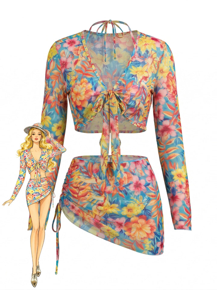 Floral Print Bikini Set 4PCS, vintage swimsuit, swimwear - perfect for women who love vintage and retro fashion
