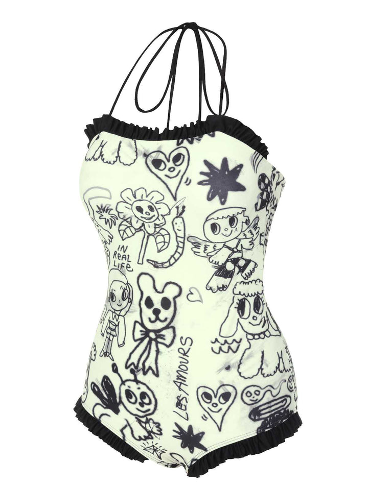 1960s Halter Printed Ruffles One-Piece Swimsuit: 1960s Riviera elegance, reimagined for her