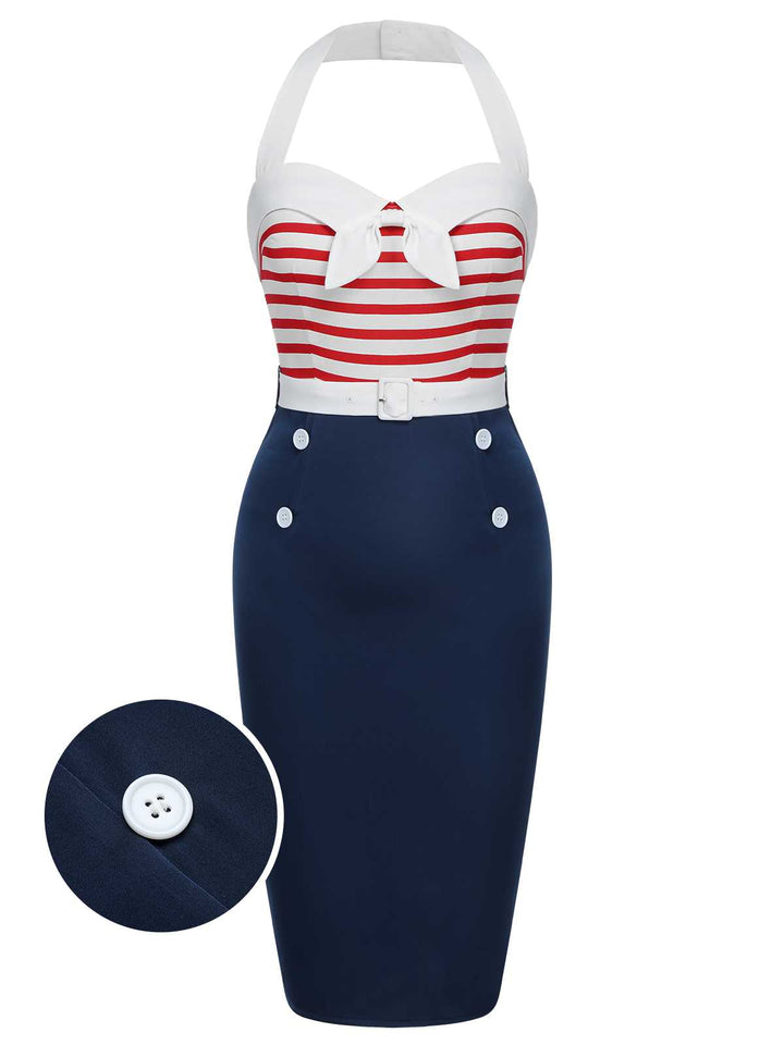 She slips into this 1960s Halter Stripes Bow Belted Dress and suddenly it&