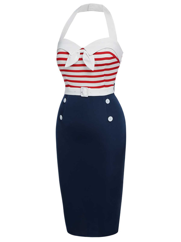 This 1960s Halter Stripes Bow Belted Dress wraps her in 1960s elegance, one twirl at a time