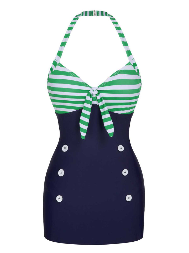 1960s Halter Strips Buttoned One-Piece Swimsuit: 1960s Riviera elegance, reimagined for her