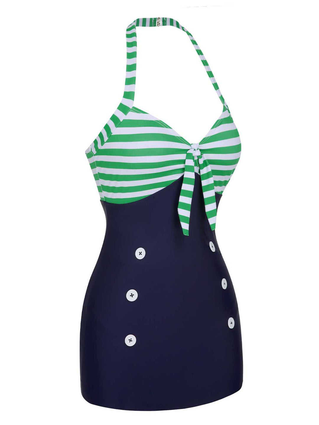 This 1960s Halter Strips Buttoned One-Piece Swimsuit carries 1960s vacation dreams in every stitch