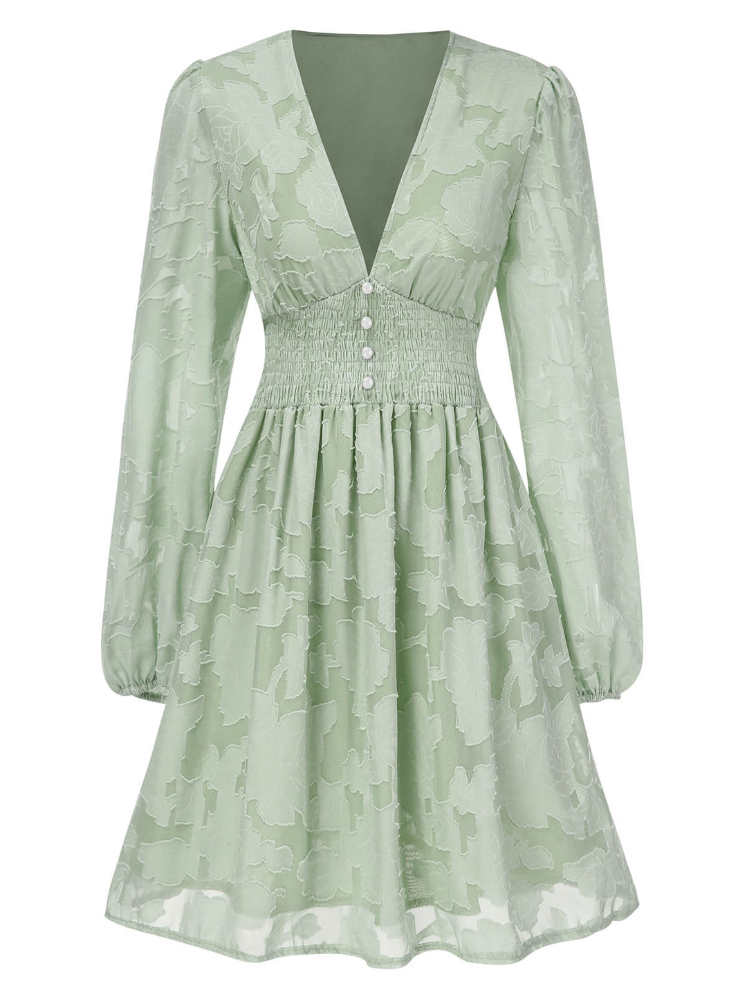 She slips into this 1960s Jaquard Floral Deep V-Neck Skater Dress and suddenly it&