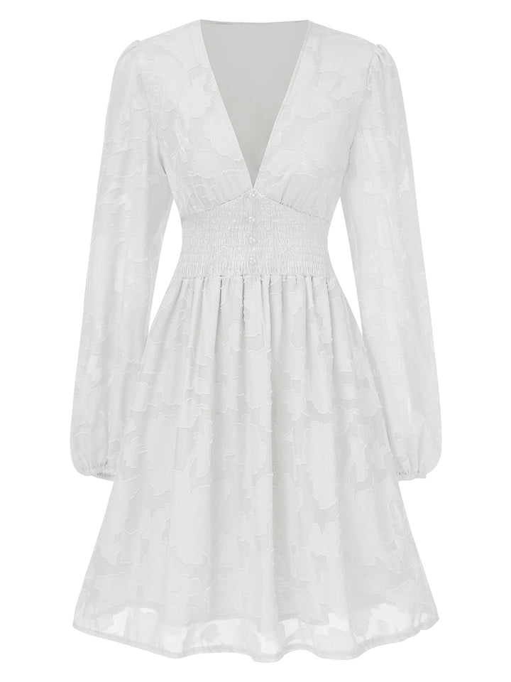 1960s Jaquard Floral Deep V-Neck Skater Dress — a 1960s silhouette that turns sidewalks into runways