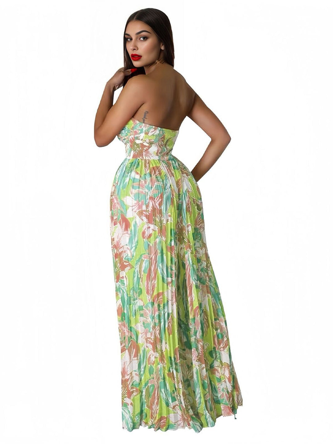 Green 1960s Floral Strapless Hollow Twist Pleated Jumpsuit - vintage jumpsuit, retro fashion