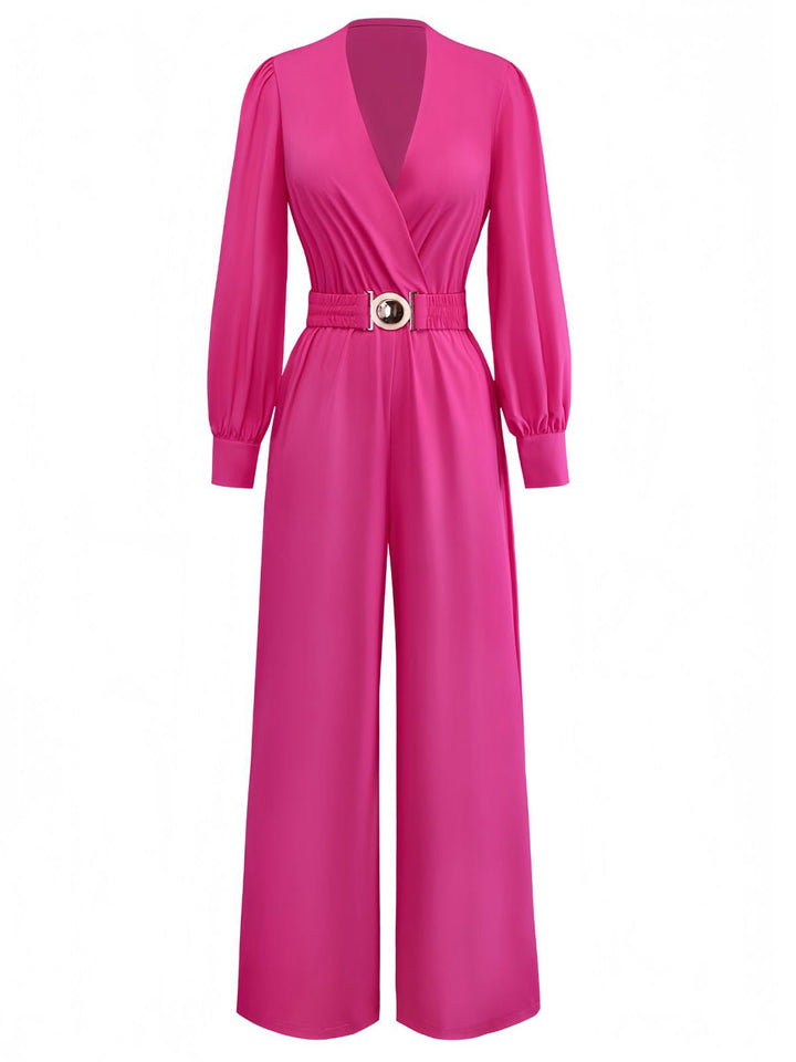 Rose Pink 1960s Deep V Belted Lantern Sleeve Solid Jumpsuit - vintage jumpsuit, retro fashion