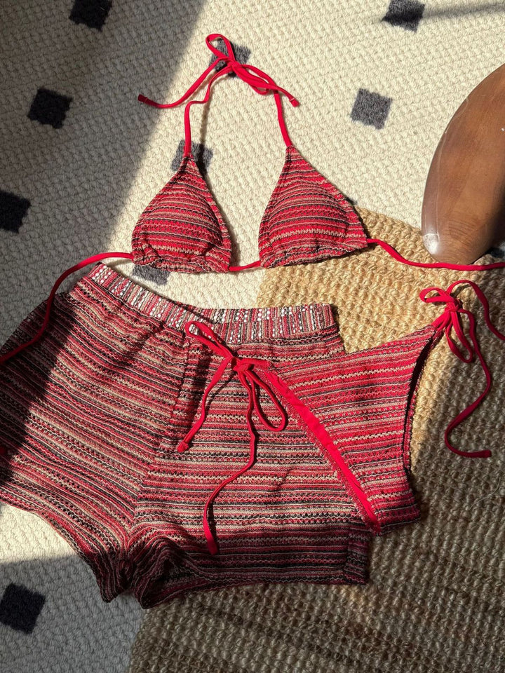 1960s Knitted Striped Halter Triangle Bikini Set - vintage fashion, retro style
