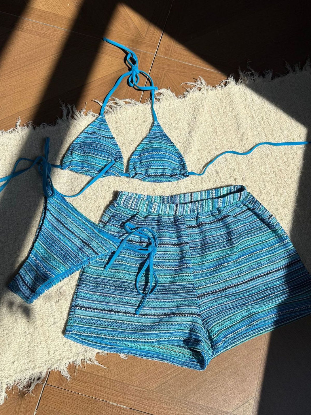 1960s Knitted Striped Halter Triangle Bikini Set - vintage fashion, retro style