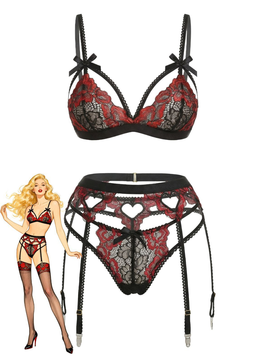 Lace Heart Design Lingerie Set - vintage fashion, retro style