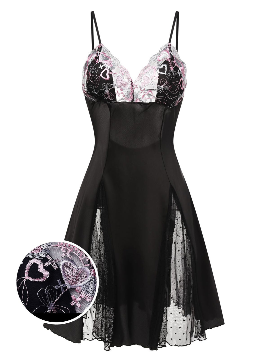 She slips into this Lace Spaghetti Straps Satin Nightgown and suddenly it&