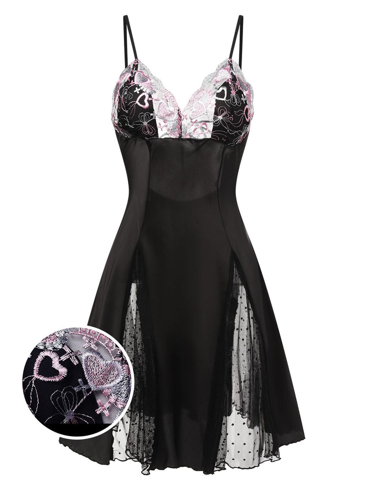 She slips into this Lace Spaghetti Straps Satin Nightgown and suddenly it&