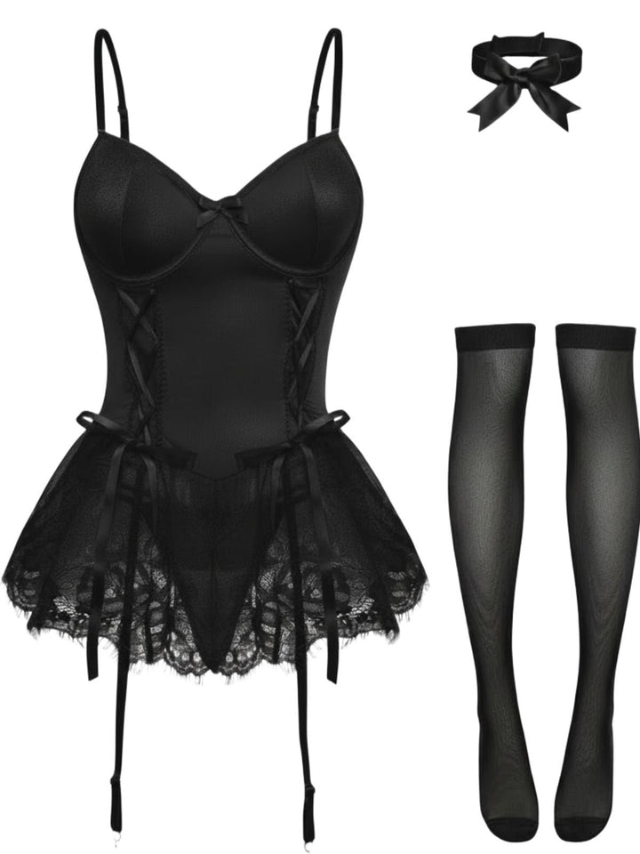 Lace Trimmed Corset Bodysuit Set - vintage fashion, retro style