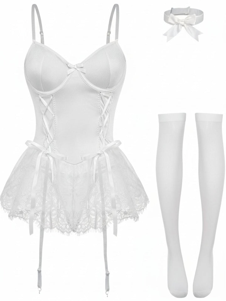 Lace Trimmed Corset Bodysuit Set - vintage fashion, retro style