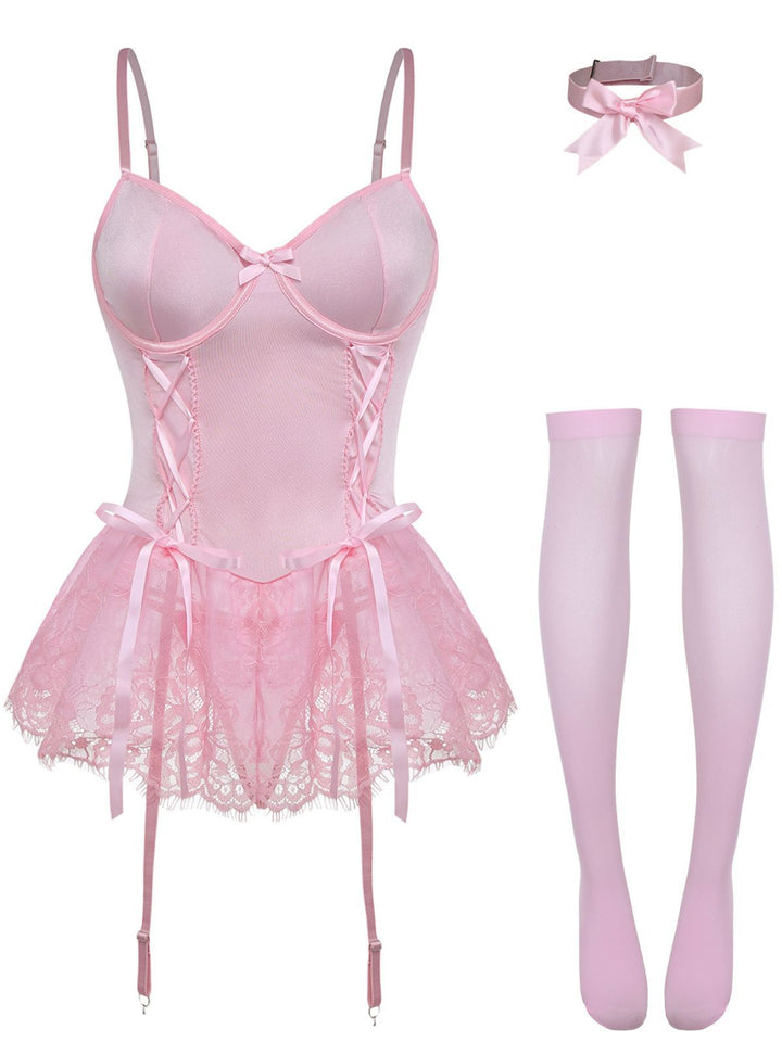 Lace Trimmed Corset Bodysuit Set - vintage fashion, retro style