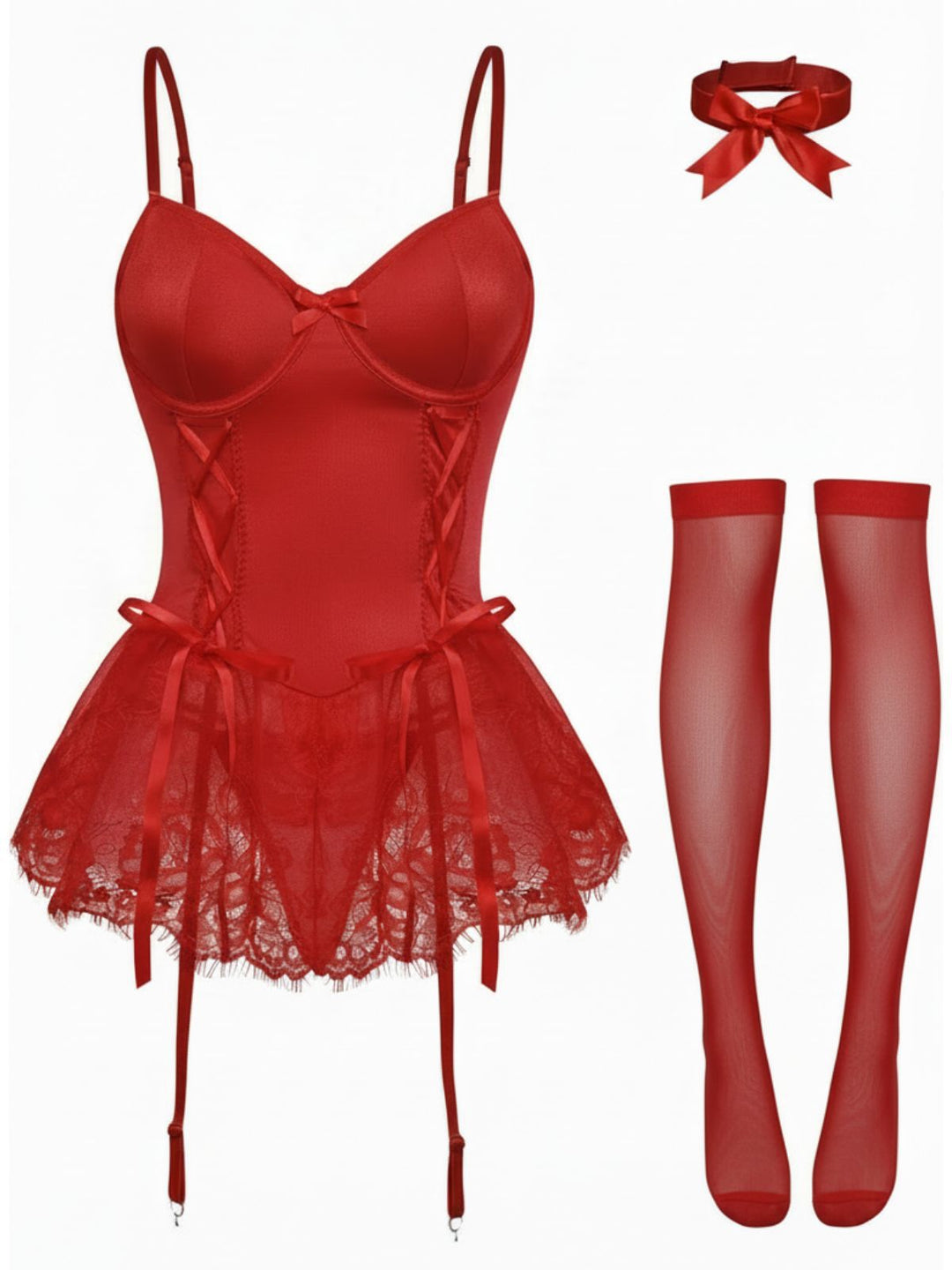 Lace Trimmed Corset Bodysuit Set - vintage fashion, retro style