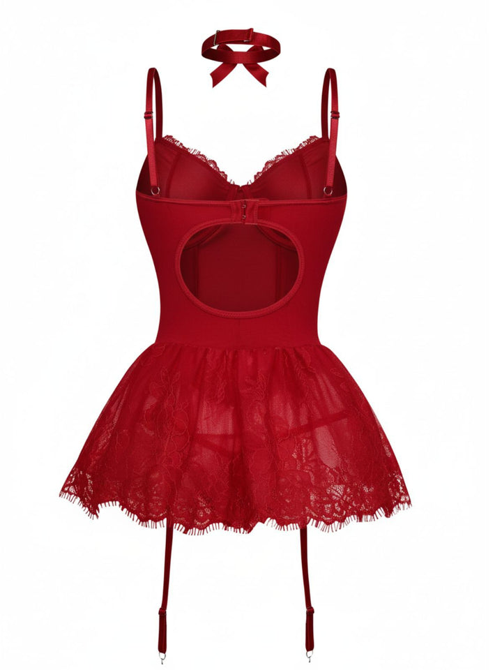 Lace Trimmed Corset Bodysuit Set - vintage fashion, retro style