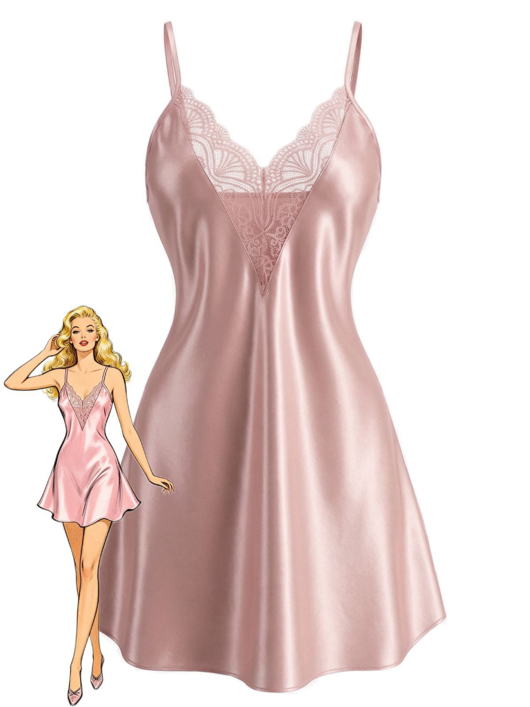 Lace V-Neck Solid Spaghetti Strap Nightgown - vintage nightgown, retro sleepwear