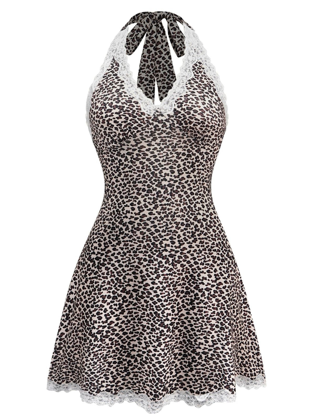 Leopard Print Lace Trim Halter Nightgown - vintage nightgown, retro sleepwear