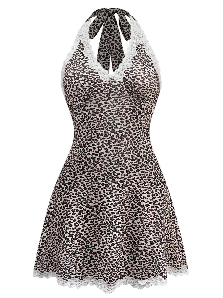 Leopard Print Lace Trim Halter Nightgown - vintage nightgown, retro sleepwear