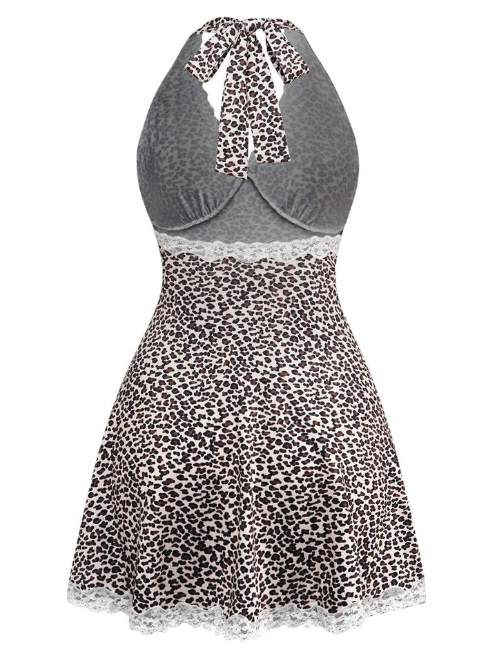 1960s Leopard Print Lace Trim Halter Nightgown - vintage nightgown, retro sleepwear