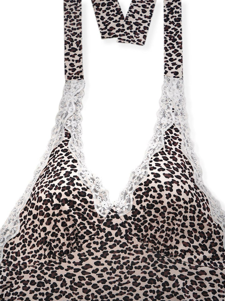 Leopard Print Lace Trim Halter Nightgown - vintage nightgown, retro sleepwear