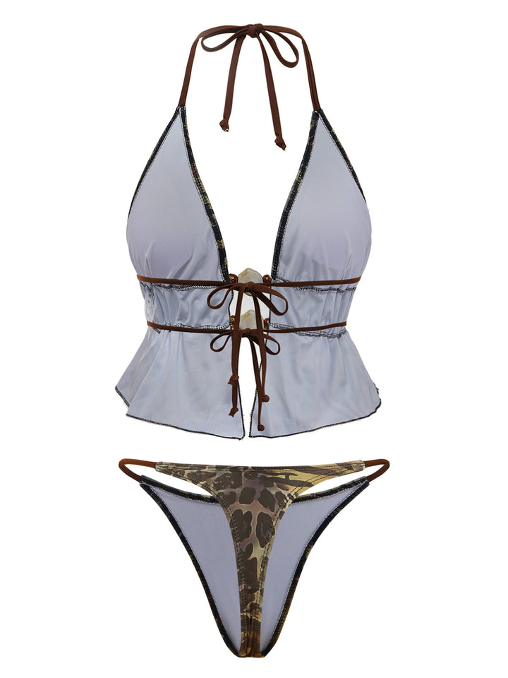Light Brown 1960s Leopard Halter Tie-Front Ruffle Tankini Set - vintage fashion, retro style