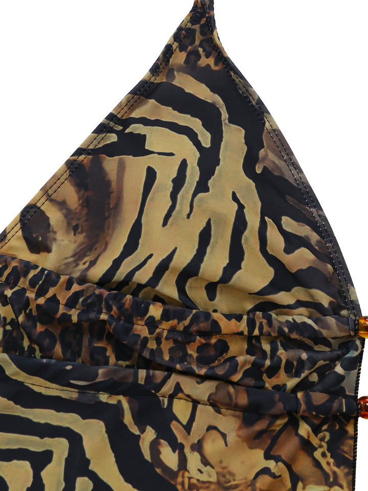 Light Brown 1960s Leopard Halter Tie-Front Ruffle Tankini Set - vintage fashion, retro style