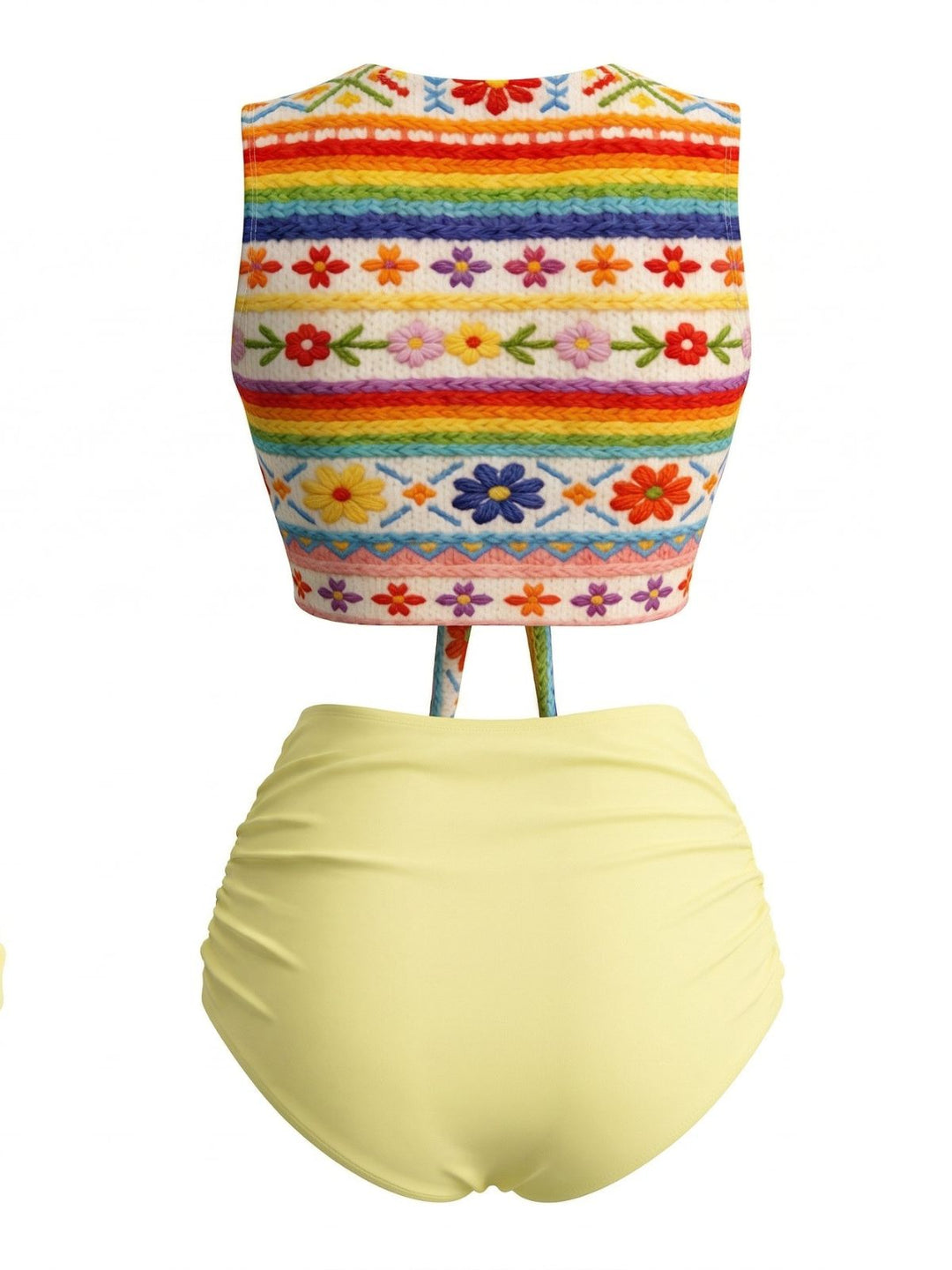 Light Yellow 1960s Rainbow Floral Faux Knit Bikini Set - vintage fashion, retro style