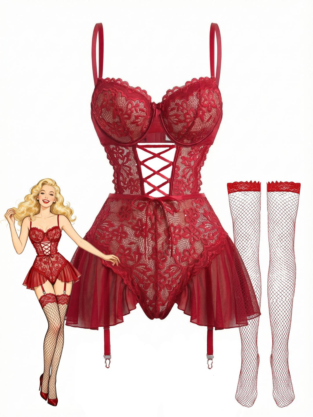 Mesh Sheer Lace Nightgown With Garter Straps - vintage nightgown, retro sleepwear