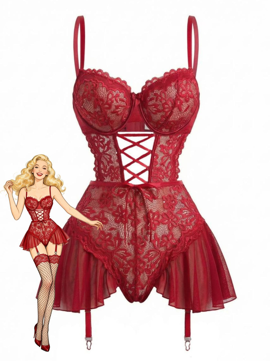 Mesh Sheer Lace Nightgown With Garter Straps - vintage nightgown, retro sleepwear