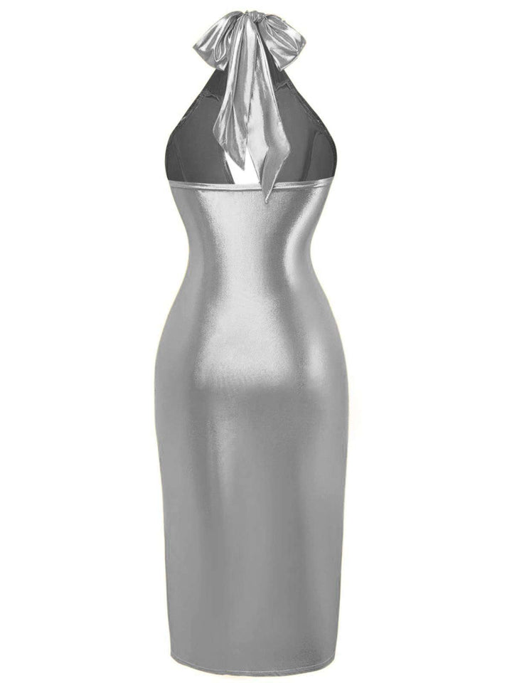 1960s Metallic Halter Keyhole Bodycon Dress, vintage dress, retro fashion - perfect for women who love vintage and retro fashion