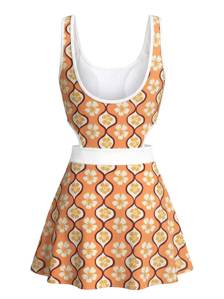 Multicolor 1960s Cherry Blossom Cutout One-Piece Swimdress - vintage dress, retro fashion