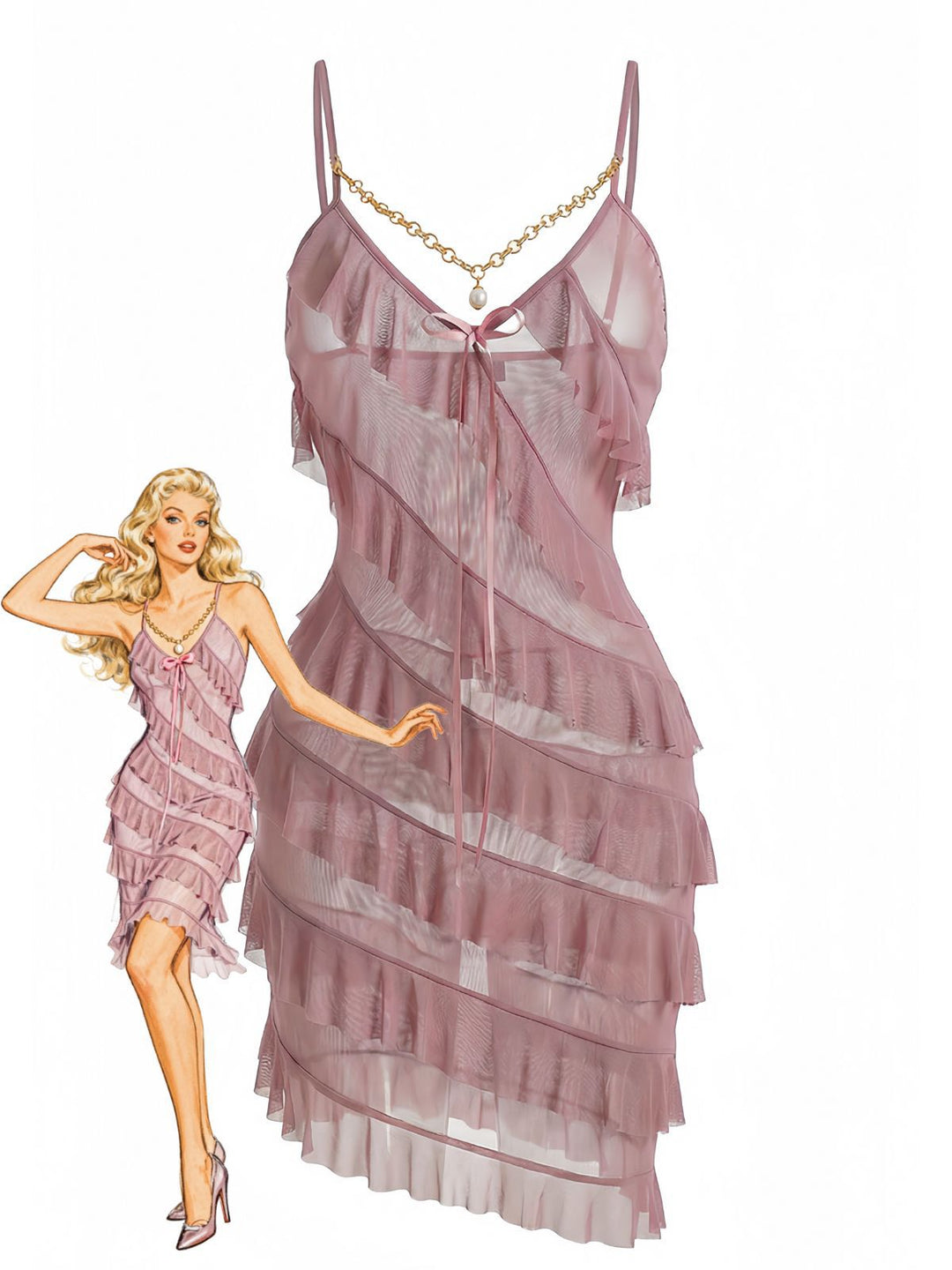 Chain Pearl Ruffled Spaghetti Strap Nightgown - vintage nightgown, retro sleepwear