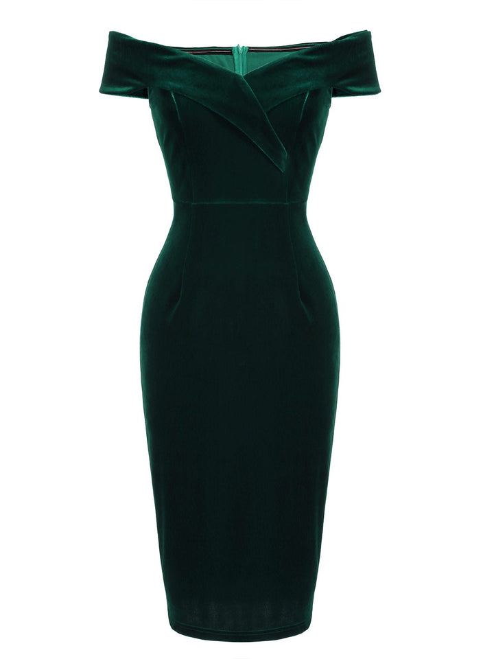 1960s Off Shoulder Velvet Bodycon Dress — vintage elegance for the modern woman