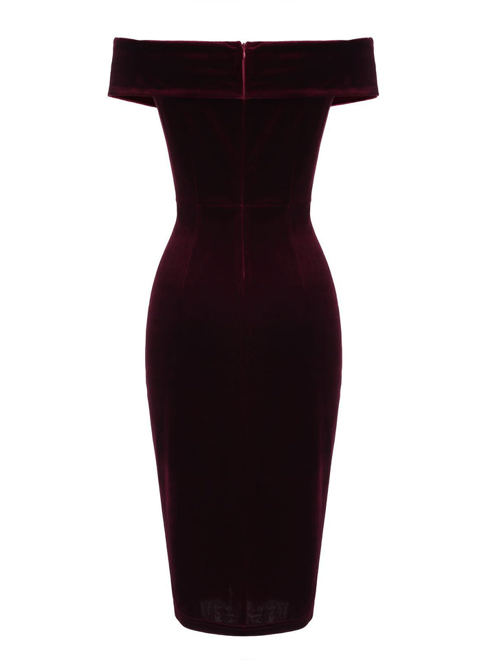 1960s Off Shoulder Velvet Bodycon Vintage Dress — vintage elegance for the modern woman