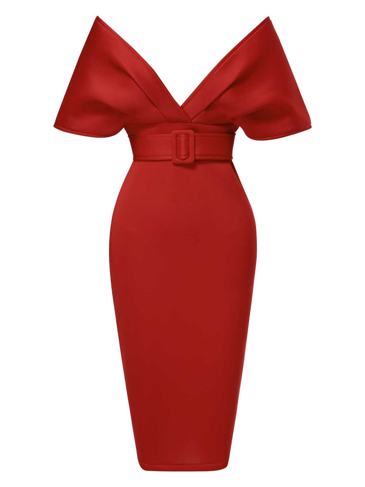 She slips into this 1960s Off-Shoulder Belted Solid Bodycon Dress and suddenly it&