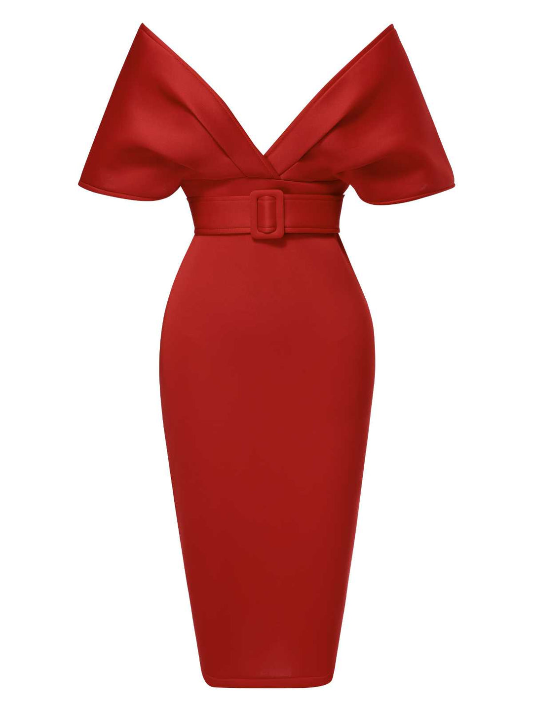 She slips into this 1960s Off-Shoulder Belted Solid Bodycon Dress and suddenly it&
